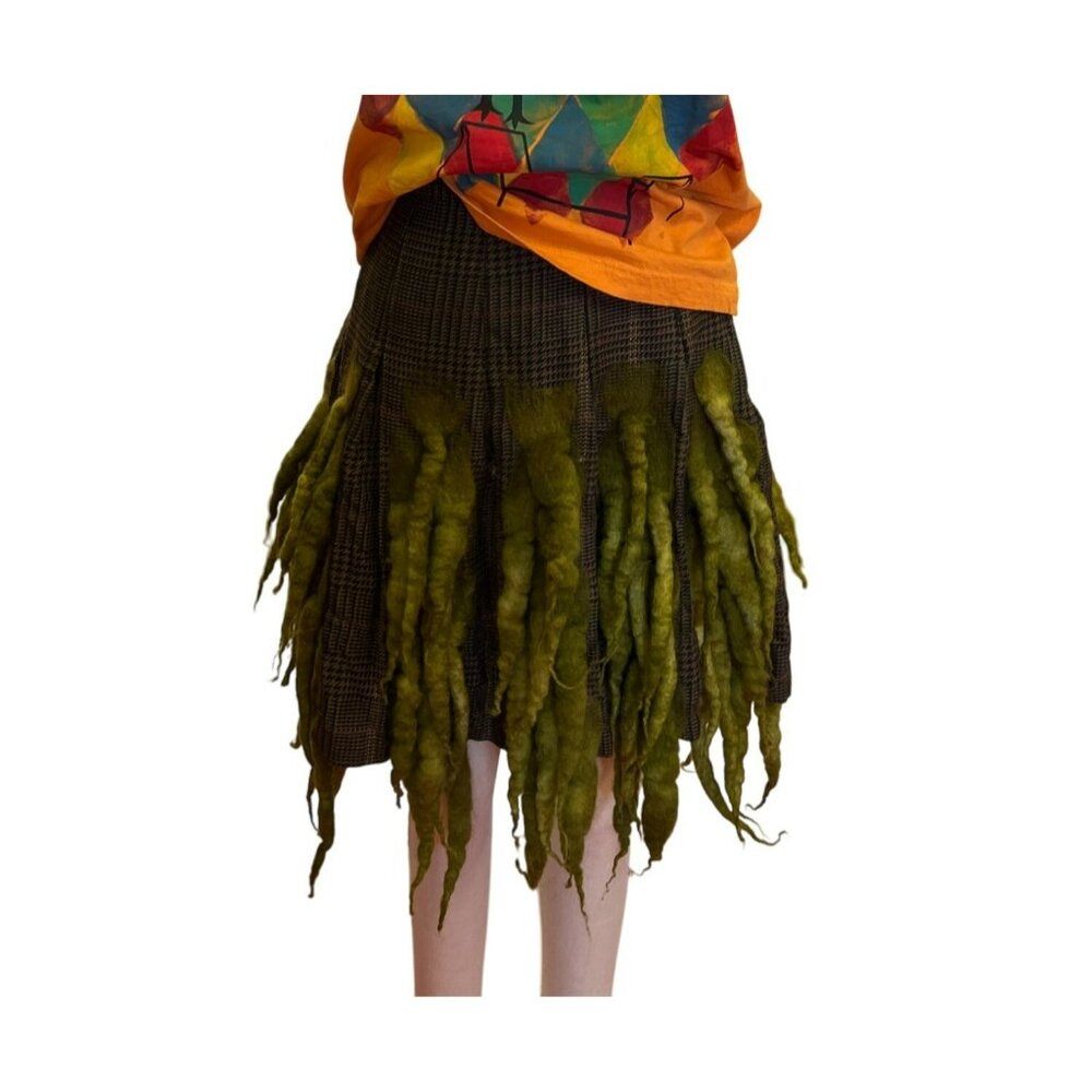 Vintage Tracy Evans Plaid Skirt With Green Wool Felted Unique Repurposed Design